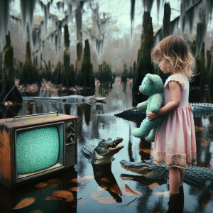 a young child in close proximity to three alligators in a Louisi...