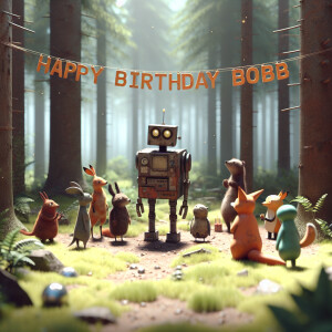 photorealistic image. rusty robot in a forest surrounded by his...