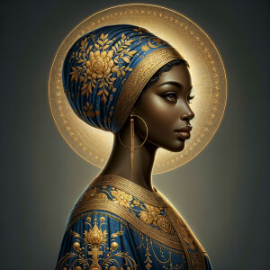 A dignified African-American woman with a serene expression stan...
