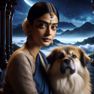 actress posing with her favorite familiar, both looking at camer...