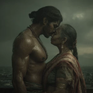 Hyperrealism.a muscular sweaty indian  man  standing with his at...