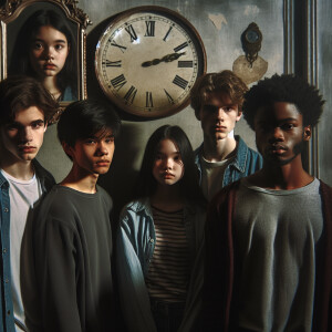 Four teenagers are standing in a dark gloomy room. The figure of...