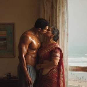 Realism,photo painting.a muscular, sweaty Indian man standing in...