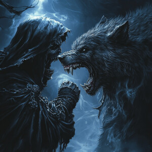 Grim Reaper tears away the jaw from a werewolf's snarling face