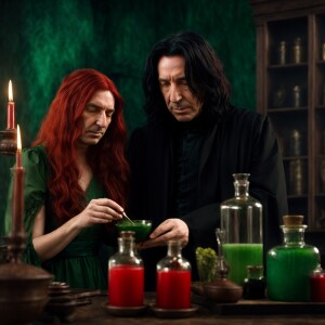 Alan rickman as severus snape making potion with a beautiful wom...