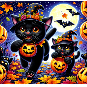 Two black cats running while trick-or-treating