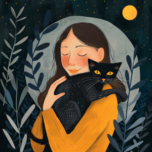 An erté type of drawing with the woman holding a cat