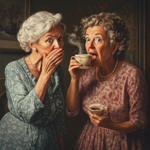 Create a realistic picture of 2 women in their 50's whispering,...