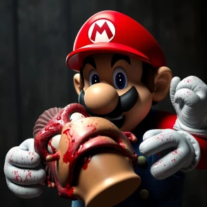 Mario holding decapitated donkey Kongs head,, photo, horror, blo...