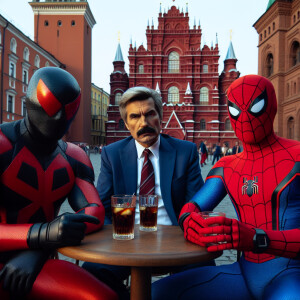 Deadpool, Superman, and Spider-Man decided to have a drink on th...