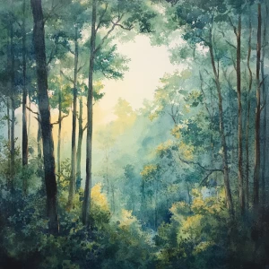 a forest in the style of watercolor painting, with a bird's eye view and soft morning light details - - s 900