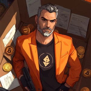 Create an image of a male character with short, gray hair and a...