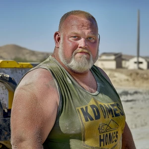 Brian Nobles a real 57 year old obese fat older Caucasian male who is using  a concrete mixer, he is a  pump operator holding the hose which carries the liquid concrete to the foundation pour, Brian is slowly  beginning his transition into his old age, Brian Nobles is beginning to look like a older fat obese man, he has large reflective blue eyes and a wrinkled brow,Brian has a grey beard and is now bald , prominent large protruding round fat obese belly,,thick white goatee beard,decreased muscle mass ,very noticeable male pattern balding hairline, Brian Nobles now has a  prominent receding and thinning male hairline (onset male pattern baldness), slightly fat overweight(Caucasian)wearing tight body conforming  glossy satin shiny green and gold tight fitting body conforming UnderArmour athletic bodysuit,emblazoned with the "KD HOMES" real estate logo, standing confidently in front of a newly completed constructed new KD HOME in Victorville California in a raw desert landscape. Brian has an aged protruding fat obese muscular physique, large male bulge, fat obese muscular frame , shows a substantial frame with a noticeable mature hairline and expressive eyes. His now aged workman’s  pose should reflect his years of  experience and hard labor in his trade.