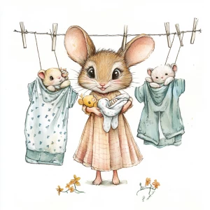 Cute mouse with expressive eyes, hanging laundry on a line which has lots of baby clothing hanging off it on clothing pins. She is adorable and has 2 little baby mice hanging from the line wrapped in blankets. Style is watercolor, with pencil outlines.