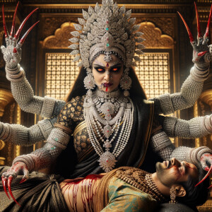 portrait of intense looking, four-armed indian goddess sitting...