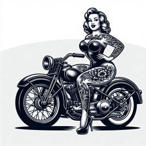 Pinup girl with large breast on a vintage motorcycle in an old s...