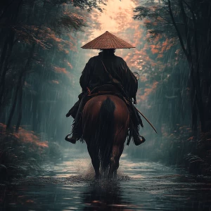 You are a graphic designer who is specialized in photoshop. Create a realistic image of a straw hat swordsman riding a horse through a rainy forest with a third-person view and soft dusky light. Cinematic stylized. High definition.