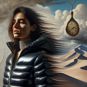 A surrealistic conceptual artisitic image: A woman in a shiny bl...