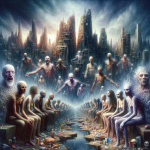 Design an album cover depicting a surreal urban wasteland, popul...