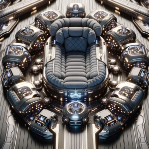 In the center of the frame sits a post-modern plush starship bri...