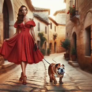 A 200 lb lady in a red polka dot dress, walking down a cobblesto...