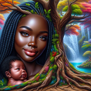 Create a close-up, hyper-realistic 3-D oil painting of a tree wi...