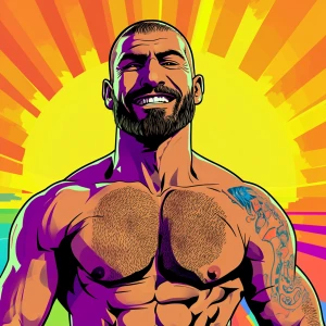 White muscular thin man with beard, big chin, smile and cheekbon...