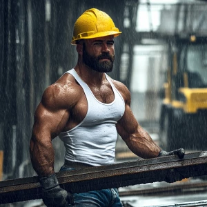 photograph, muscular man with beard, wearing yellow hard hat, wh...