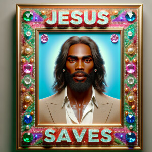 A 3D realistic artwork featuring the phrase 'Jesus Saves' adorne...