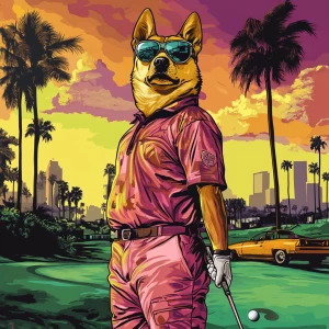 MEME DOGE in GTA art style, DOGE playing golf, in the style of...