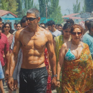 Photo hyperrealism, painting,a muscular beefy kerela son in law...