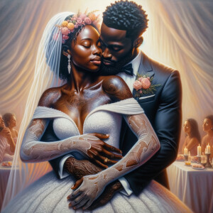 Imagine a hyper-realistic oil painting that captures a tender moment between theAfrican American bride and her God. The setting is intimate and filled with soft, warm lighting that enhances the emotional depth of the scene. The bride, in herexquisite wedding gown, shares a heartfelt embrace with her african-American Lord Jesus , who is dressedin an elegant outfit that complements the wedding's color scheme. Their expressions are full of love, pride, and joy, reflecting the special bond between them. Theattention to detail is paramount, from the intricate designs of their dresses to the subtle emotions conveyed in their facial expressions. The background is a blur ofgentle pastel hues, ensuring that the focus remains on this touching moment. Thispainting should convey the warmth, love, and depth of the relationship, with the rich textures and vibrant strokes characteristic of oil paintings, capturing the essence of this significant pre-wedding moment.