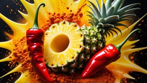 In a lively eruption of flavor, a fiery habanero pepper, succule...