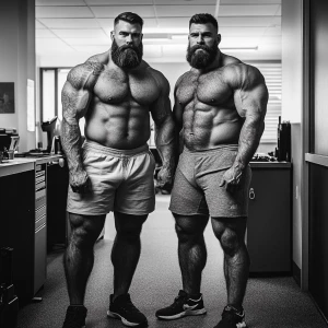 Two muscular bodybuilders with thick, full beards standing side...