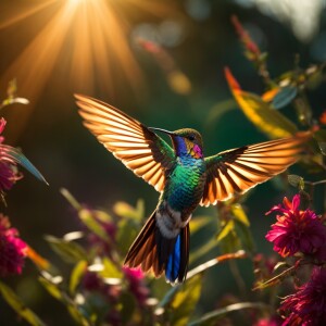 Photorealistic image. A hummingbird in flight. The sun hits the...