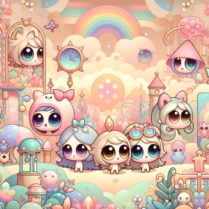 Design a whimsical chibi-style character wallpaper featuring ado...