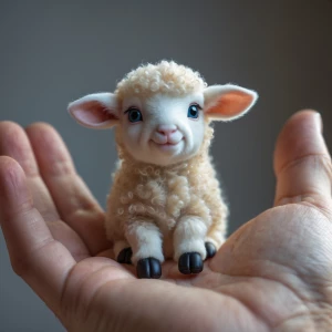 "A tiny nano sheep, no bigger than a walnut, sitting in the midd...