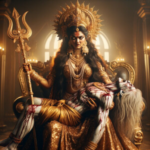 portrait of angry looking, gorgeous goddess durga sitting on a gold crown and carrying a weak mahishasur on her lap and stabbing him with her amazingly designed trident. She is wearing gold armor, a huge gold crown, gold saree, abundant  gold jewelry, covered in blood. The scene is set in ancient India. The image is 8K resolution, cinematic, ultra detailed face and epic.