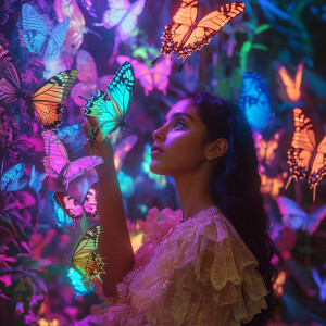 Imagine a mesmerizing scene in a butterfly farm, where psychedel...
