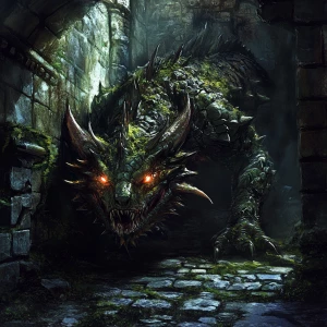 A detailed, intimidating dragon with glowing eyes and sharp scal...