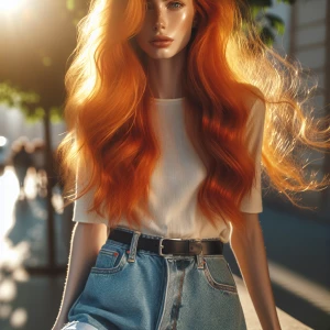 Ginger haired woman wearing short pants/jeans.