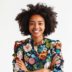 A cute woman

Smiling 

Clothes: Floral Dress

Looks Clean & Mod...