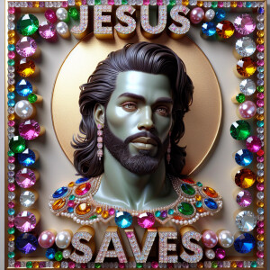 A 3D realistic artwork featuring the phrase 'Jesus Saves' adorne...