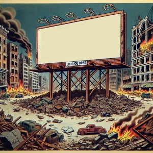 A large empty square billboard with minor damage that takes up m...