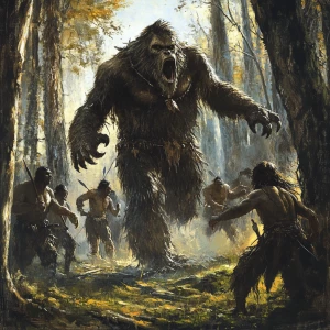 A group American choctaw chase a towering, hair-covered humanoid...