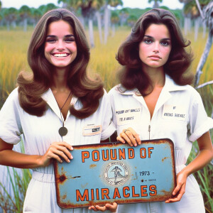 Generate a faded film photograph from 1973 in the Everglades. Tw...