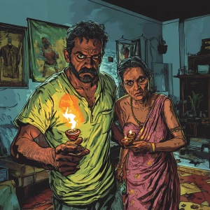 A muscular sweaty indian criminal man celebrating diwali festiva...