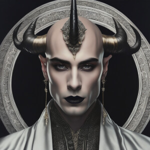 A bald, young man, wearing a black, silk robe, with black lipsti...