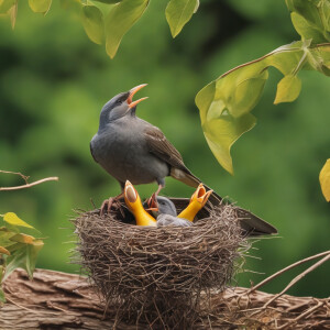 Generate a vivid video of a mother bird bringing a worm back to...