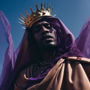 Create an image of a dark toned man, draped in humble tan and pu...